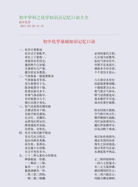 初中化学知识点口诀速记法